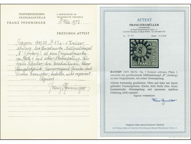 "8" AMBERG, glasklar auf 1 Kreuzer schwarz, Platte 1, allseits breitrandig und farbfrisch, oben kleine, leicht helle Stelle, 