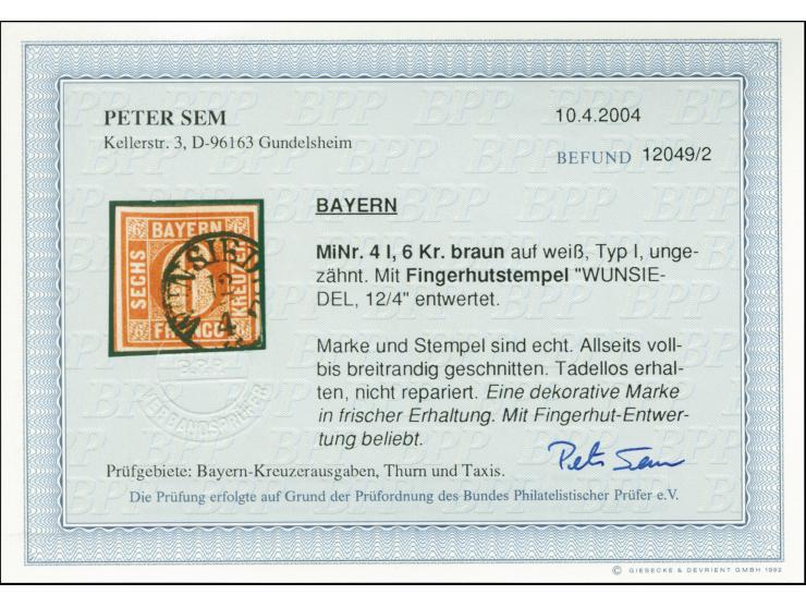 6 Kreuzer rötlichbraun, voll- bis breitrandig mit fast vollständig aufgesetztem Fingerhutstempel "WUNSIEDEL 12/4", Pracht, Fo