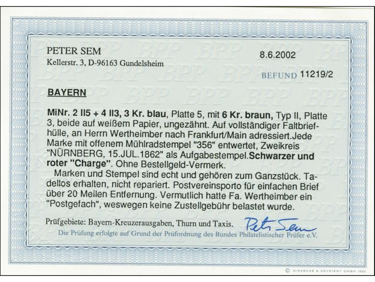 3 Kreuzer blau und 6 Kreuzer braun, beide voll- bis breitrandig mit oMR "356" und nebengesetztem DKr. "NÜRNBERG 15 JUL. 1862"