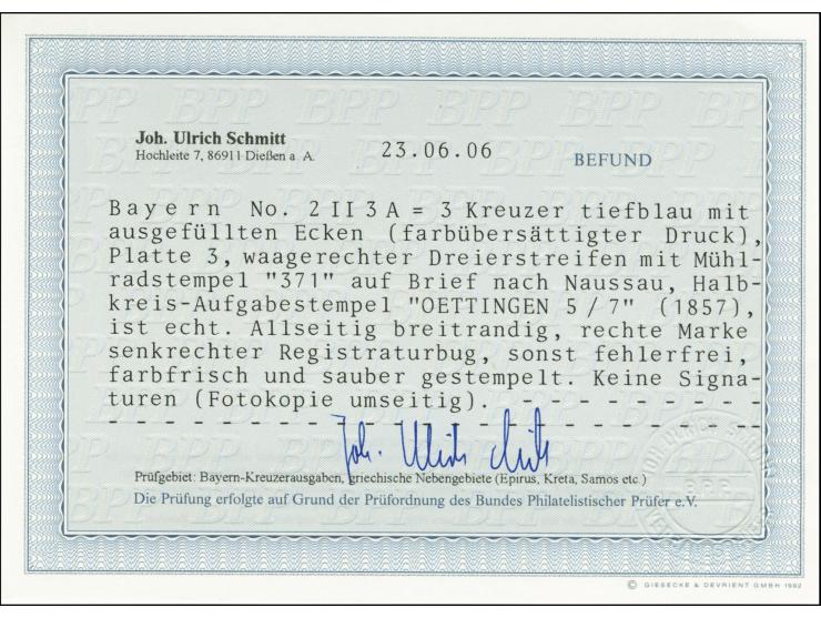 3 Kreuzer blau im waagerechten 3er-Streifen mit teilweise ausgefüllten Ecken, allseits voll- bis breitrandig mit gMR "371" un