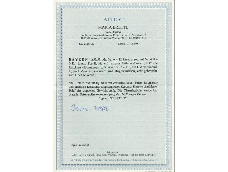 12 Kreuzer rot und 6 Kreuzer braun, beide voll- bis meist breitrandig mit oMR "114" und nebengesetztem Halbkreisstempel "ERLA