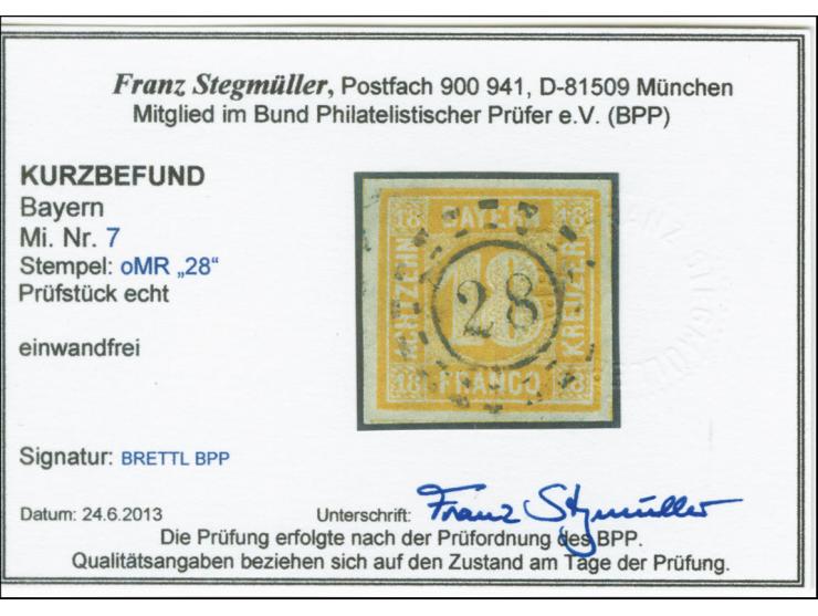 18 Kreuzer gelblichorange, allseits breitrandig und farbfrisch mit zentrischem oMR "28" AUGSBURG, Kabinett, signiert Brettl B