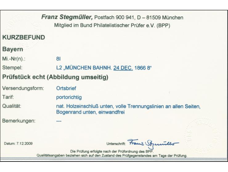 1862, 1 Kreuzer gelb, allseits breit- bis überrandig mit Zwischenlinien an allen Seiten mit sauber aufgesetztem L2 "MÜNCHEN B
