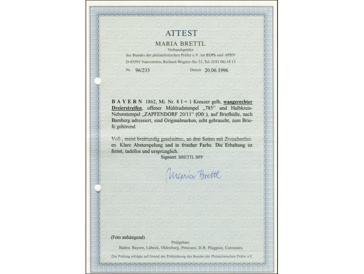 1862, 1 Kreuzer gelb im waagerechten 3er-Streifen, allseits breit- bis überrandig und in besonders schöner, leuchtender Farbe