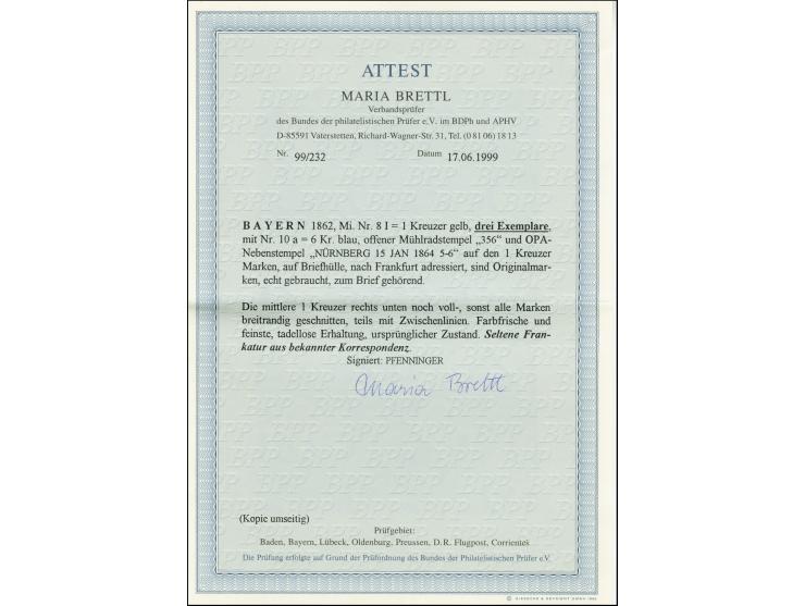 1 Kreuzer gelb, 3 Einzelwerte zusammen mit 6 Kreuzer blau als Streifen geklebt, eine 1 Kreuzer rechts unten noch voll- sonst 