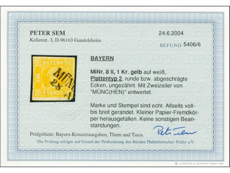 1 Kreuzer gelb, Platte 2, farbfrisch und allseits voll- bis breitrandig, entwertet durch L2 von München; kleiner Fremdkörper 
