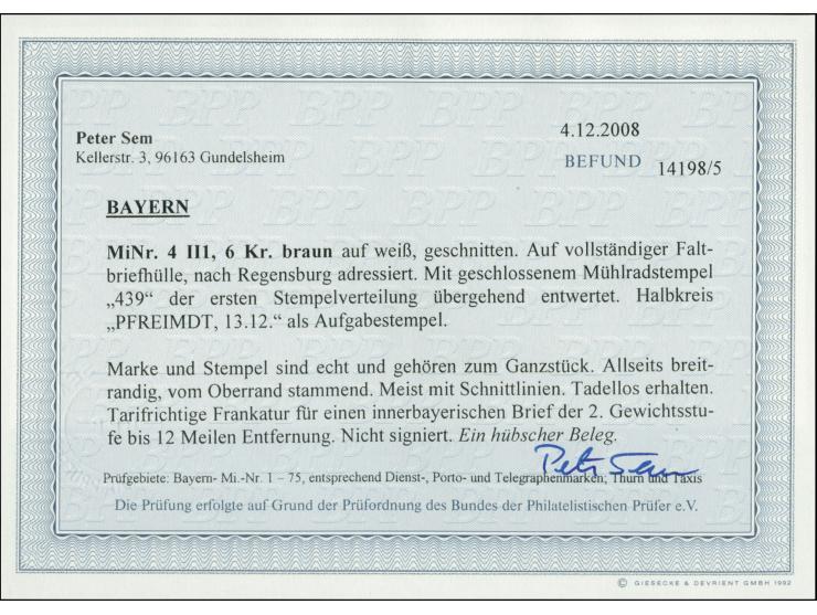 "439" PFREIMDT, glasklar auf 6 Kreuzer braun, allseits breit- bis überrandig mit sauber nebengesetztem Halbkreisstempel auf B