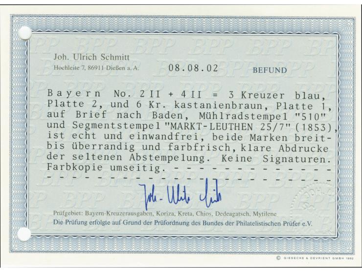 "510" MARKTLEUTHEN, jeweils sauber auf 3 Kreuzer blau und 6 Kreuzer braun, beide allseits breitrandig, auf Briefhülle 1853 na