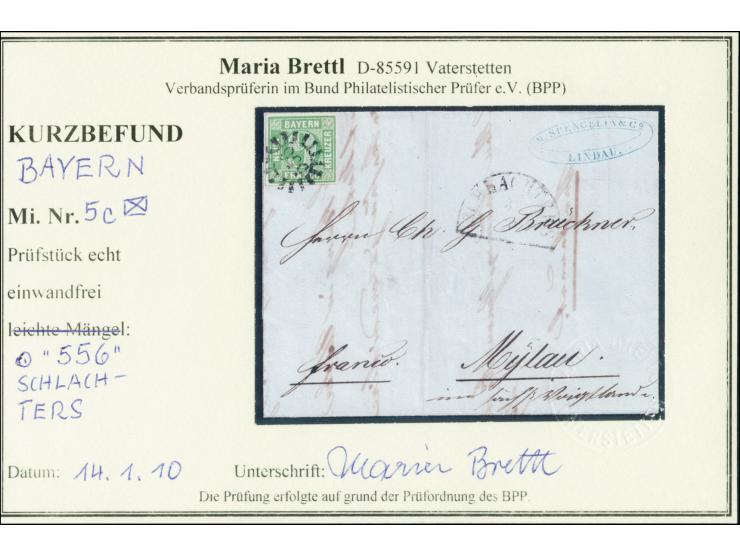 "556" SCHLACHTERS, sauber auf 9 Kreuzer maigrün, voll- bis breitrandig auf Faltbrief nach Mylau im Voigtland, Kurzbefund Bret