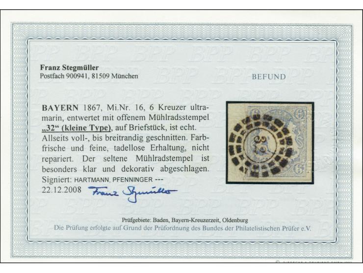 "32" BAMBERG in kleiner Type, glasklar und vollständig abgeschlagen auf Wappen 6 Kreuzer ultramarin, voll- bis breitrandig au