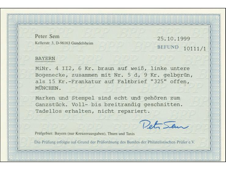 SCHWEIZ: 6 Kreuzer braun, voll- bis überrandige linke untere Bogenecke mit ca. 2/3 mm Bogenrand links und unten, zusammen mit