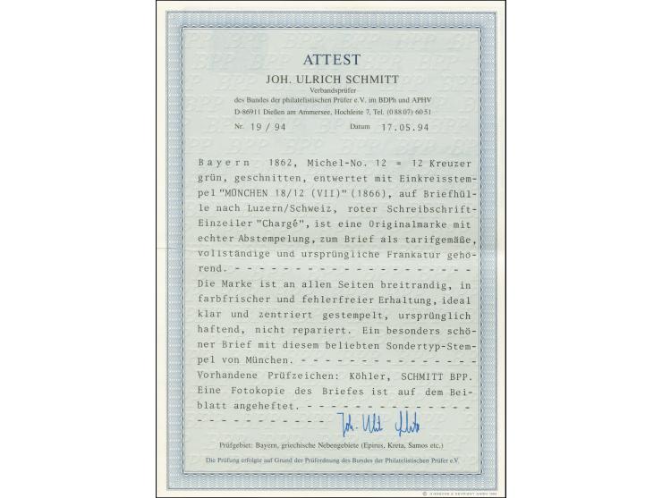 SCHWEIZ: 12 Kreuzer grün, farbfrisch und allseits breitrandig mit zentrisch und klar aufgesetztem EKr. "MÜNCHEN 8/12 (VII)" (