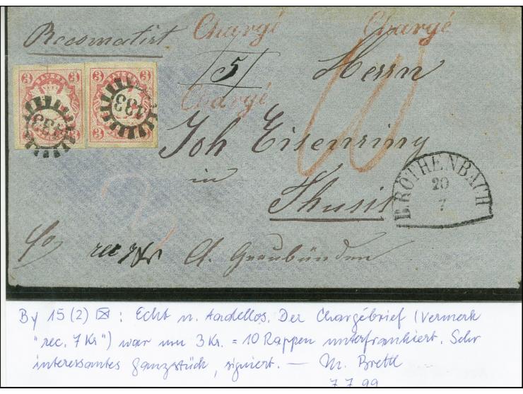 SCHWEIZ: 1867/68, 3 Kreuzer rosa, 2 breitrandige Einzelstücke mit gMR "433" und nebengesetztem Halbkreisstempel "B.RÖTHENBACH