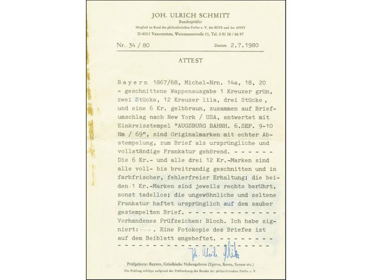 VEREINIGTE STAATEN: 1867/68, 1 Kreuzer grün, zwei Einzelwerte zusammen mit drei Einzelwerten 12 Kreuzer lila und 1868, 6 Kreu