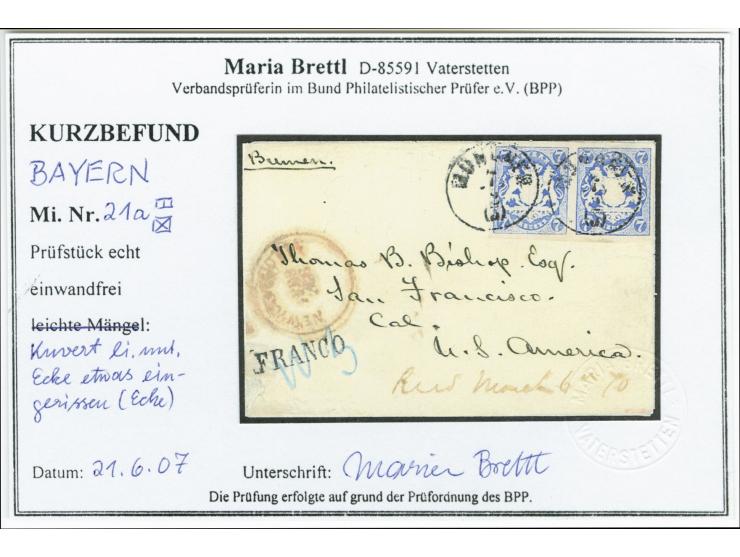 7 Kreuzer ultramarin im waagerechten Paar, voll- bis breitrandig mit EKr. "MÜNCHEN 7 2" (1866) auf kleinem Briefkuvert über B