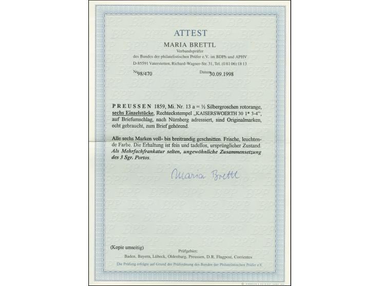 1859, Ausgabe mit Wasserzeichen ½ Silbergroschen rotorange, 6 Einzelwerte, alle farbfrisch und voll- bis breitrandig mit Ra2 