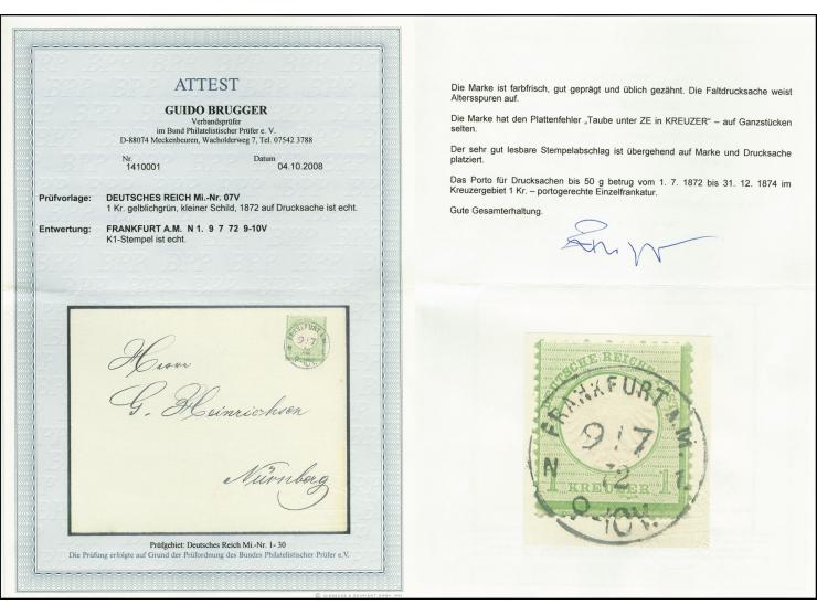 1872, Kleiner Schild 1 Kreuzer gelblichgrün mit Plattenfehler "Taube unter ZER", mit sauberem Stempel "FRANKFURT A.M. 9/7 72"