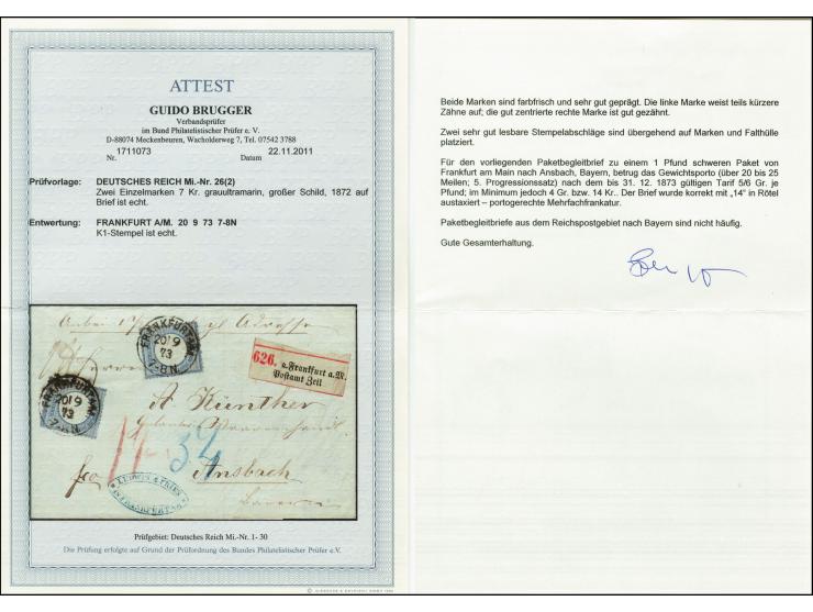 1872, Großer Schild 7 Kreuzer grauultramarin, 2 Einzelwerte, beide farbfrisch und sehr gut geprägt, ein Wert mit leichten Zah