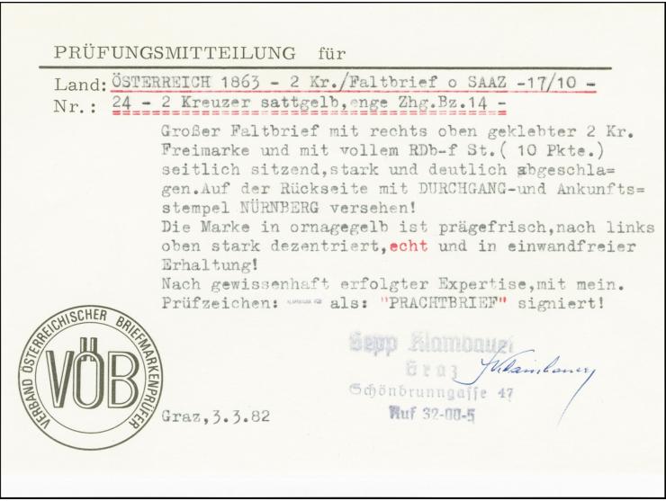 1863, 2 Kreuzer gelb, farbfrisch und gut gezähnt mit DKr. "SAAZ 17/10" auf kompletter Drucksache im Wechselverkehr nach Altdo