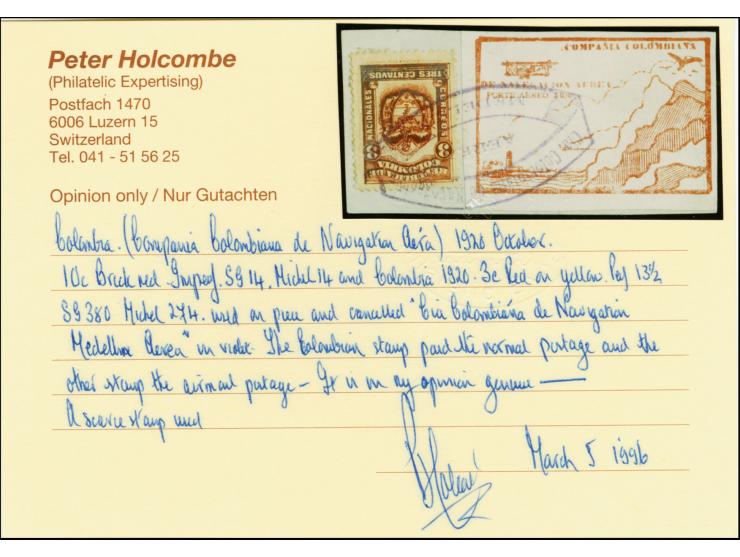 Cliffs and Lighthouse 10c. brick-red in combination with Colombia 3c. red tied by oval "Cia. Colombiana da Nevegacion Aerea M