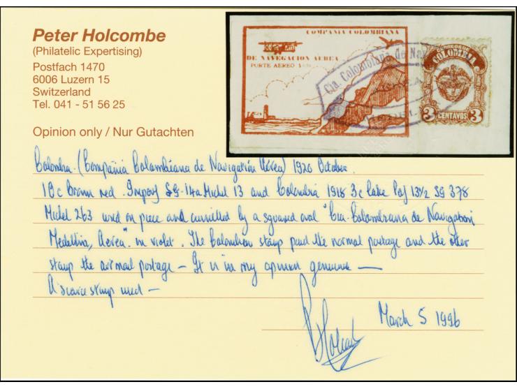 Cliffs and Lighthouse 10c. brown red in combination with Colombia 3c. red tied by oval "Cia. Colombiana da Nevegacion Aerea M