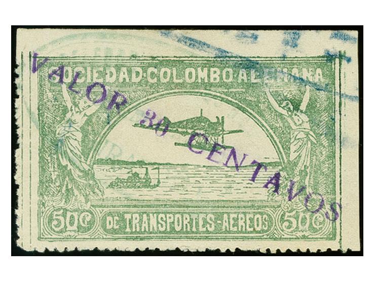 1921, Second Issue Landscape and Airplane surcharged "VALOR 30 CENTAVOS", 50 c. green with surcharge type I from the upper ri
