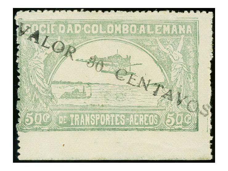 1921, Second Issue Landscape and Airplane surcharged "VALOR 30 CENTAVOS", 50 c. green from the bottom sheet margin with surch