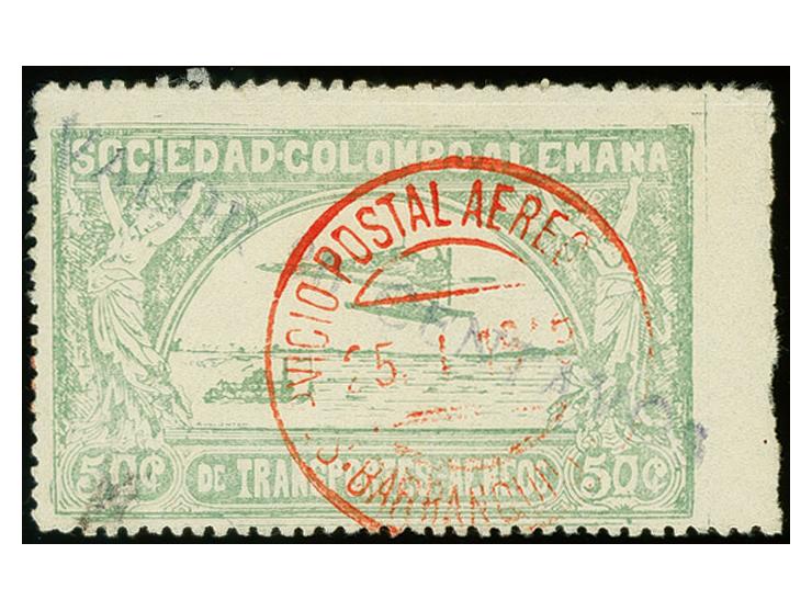 1921, Second Issue Landscape and Airplane surcharged "VALOR 30 CENTAVOS", 50 c. green from the right sheet margin with surcha