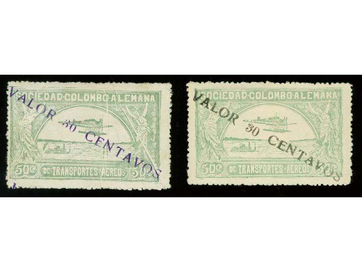 1921, Second Issue Landscape and Airplane surcharged "VALOR 30 CENTAVOS", 50 c. green surcharge type II, two unused singles w