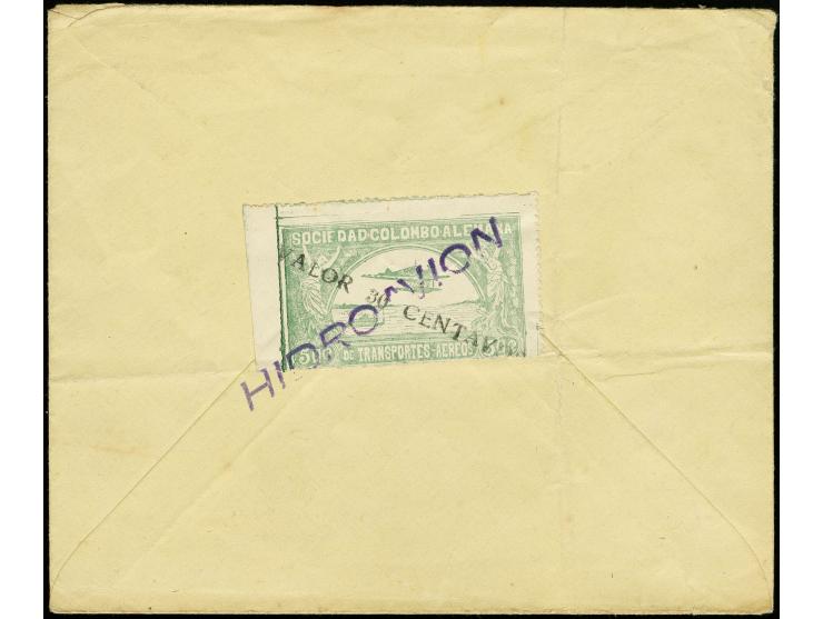 1921, Second Issue Landscape and Airplane surcharged "VALOR 30 CENTAVOS", 50 c. green surcharge type II, tied by blue straigh