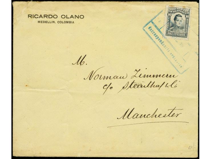 1921, Second Issue Landscape and Airplane surcharged "VALOR 30 CENTAVOS", 50 c. green surcharge type II, tied by blue straigh