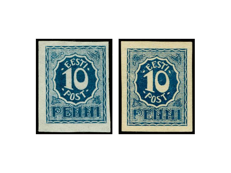 1919, Numeral Design 10 p., dark blue, two singles on smooth thin and on yellowish paper thicker than for postage stamps, unu
