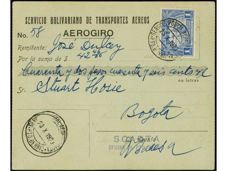 1929, Incorporation of airmail services 1p. blue tied by cds. "SERVICEO POSTAL AEREO  PTO. BERRIO 23.X.1920" to postal money 