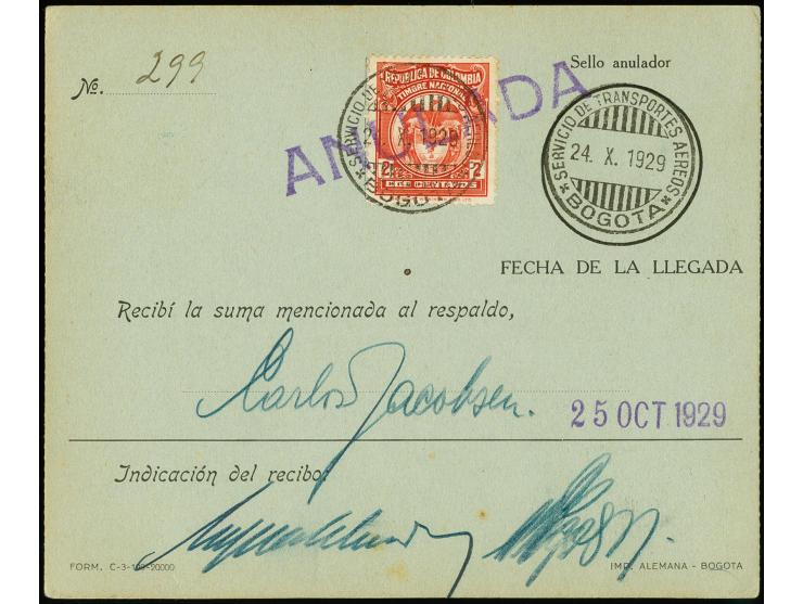 1929, Incorporation of airmail services 1p. blue tied by cds. "SERVICEO POSTAL AEREO  PTO. BERRIO 23.X.1920" to postal money 