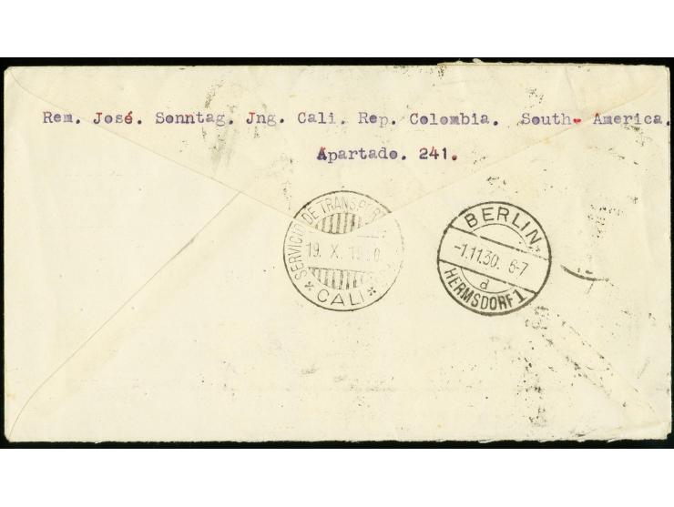 GENERAL FOREIN COUNTRIES ISSUE: 1929, Numerals 5 and 15c. as uprated franking on from "CALI 19.X.1930" via Cristobal and New 
