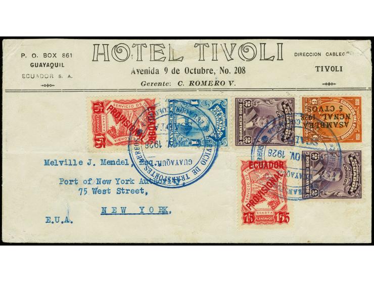 75c. red and Ecuador additional franking tied by blue dated cachet "SERVICEO DE TRANSPORTES AEREOS GUAYAQUIL 8-NOV 1928" to p
