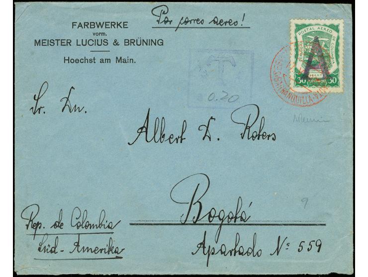 Handstamps on 1921 issue: Germany,30c. with handstamp in blue-black tied by red cds. "SERVICEO...BARRANQUILLA 17.V.1923" to c