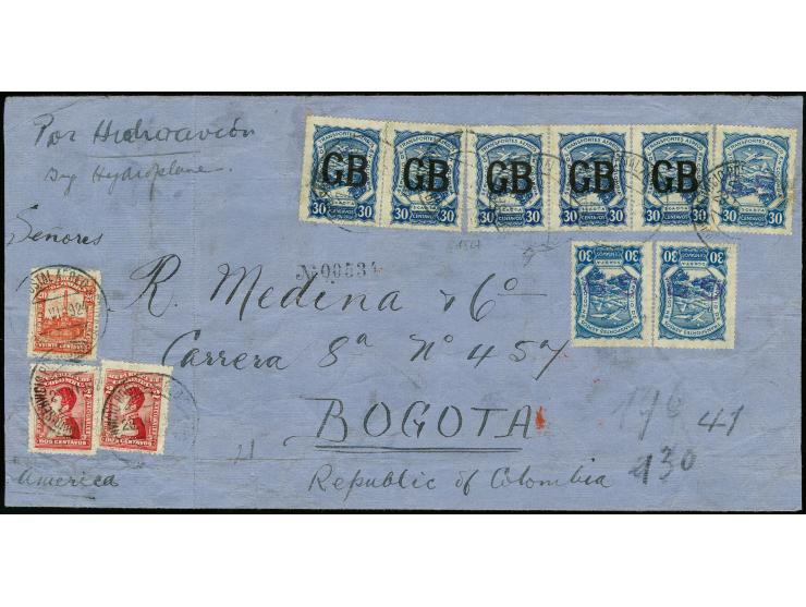 Handstamps on 1923 issue: Great Britain, 30c. blue overprinted in violett, three singles and machine overprinted 30c. bluea s