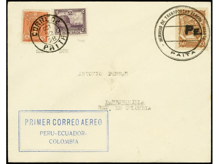 Handstamps on 1923 issue: Peru, 60c. with black handstamp tied by round "SERVICEO DE TRANSPORTES AEREOS - SCADTA PAITA" to co