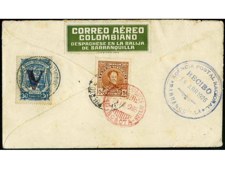 Handstamps on 1923 issue: Venezuela, 30c. tied by cds. "BARRANQUILLA 19.4.26" to reverse of cover with Venezuela additional f