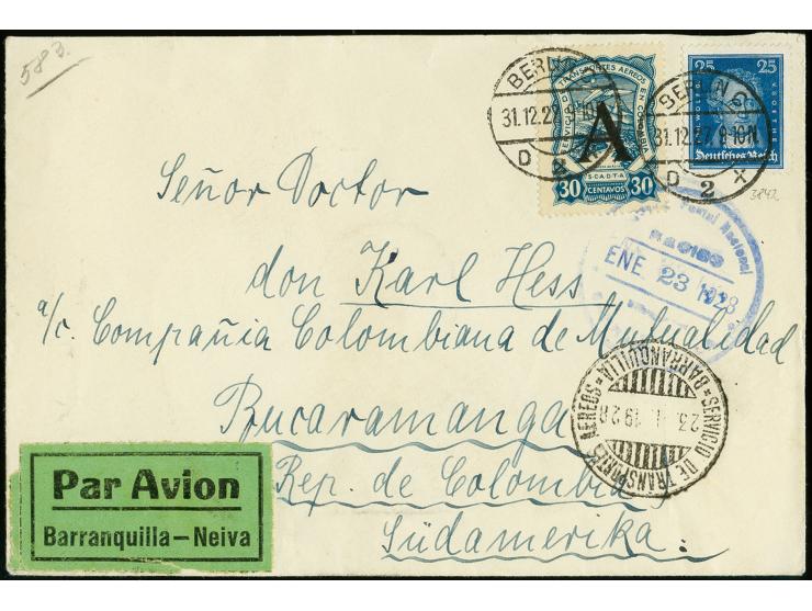 Black machine overprints on 1923 issue: Germany, 30c. blue in combination with German Empire 25 pfg. blue tied by cds. "BERLI