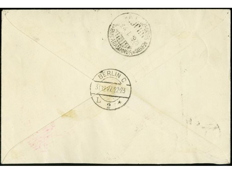 Black machine overprints on 1923 issue: Germany, 30c. blue in combination with German Empire 25 pfg. blue tied by cds. "BERLI