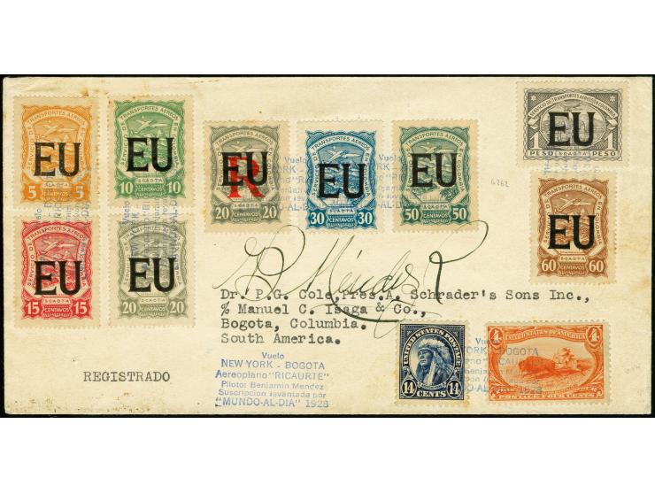 Black machine overprints on 1923 issue: United States, 5c-1p. and 20c. grey with "R" overprint with additional franking tied 
