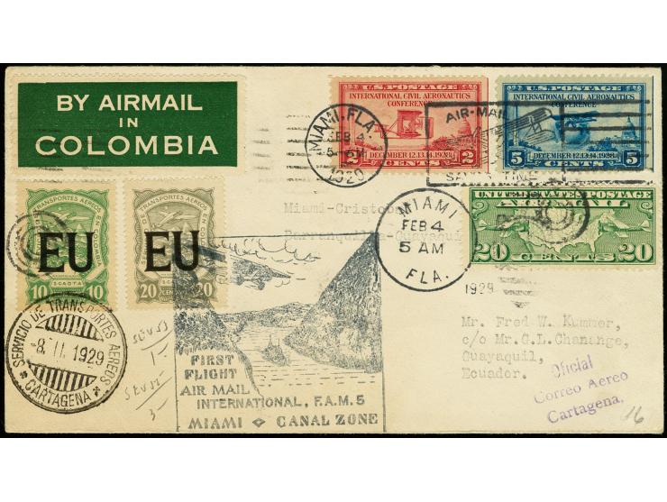 Black machine overprints on 1923 issue: United States, 10 and 20c. on First Flight cover from Miami to Cristobal and than via