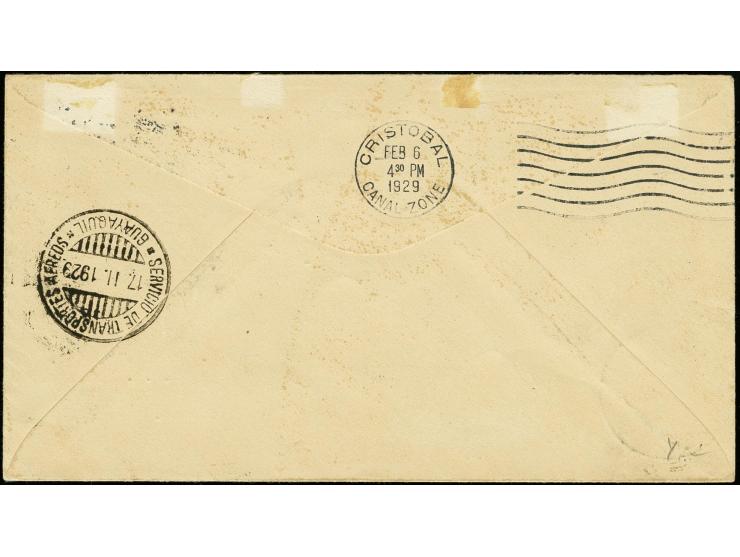 Black machine overprints on 1923 issue: United States, 10 and 20c. on First Flight cover from Miami to Cristobal and than via