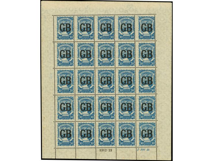 Black machine overprints on 1923 issue: Great Britain, 30c. blue as complete sheet with all margins, unused with original gum