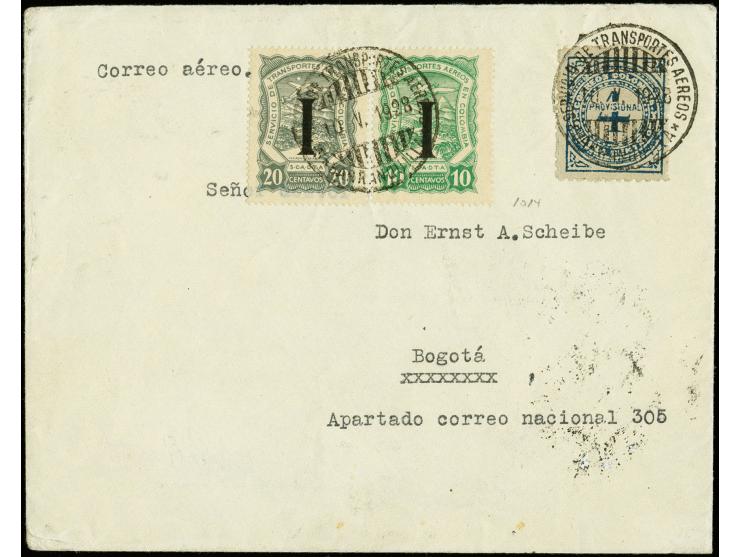 Black machine overprints on 1923 issue: Italy, 10 and 20c. in combination with Colombia 4c., tied by cds. "SERVICEO DE TRANSP