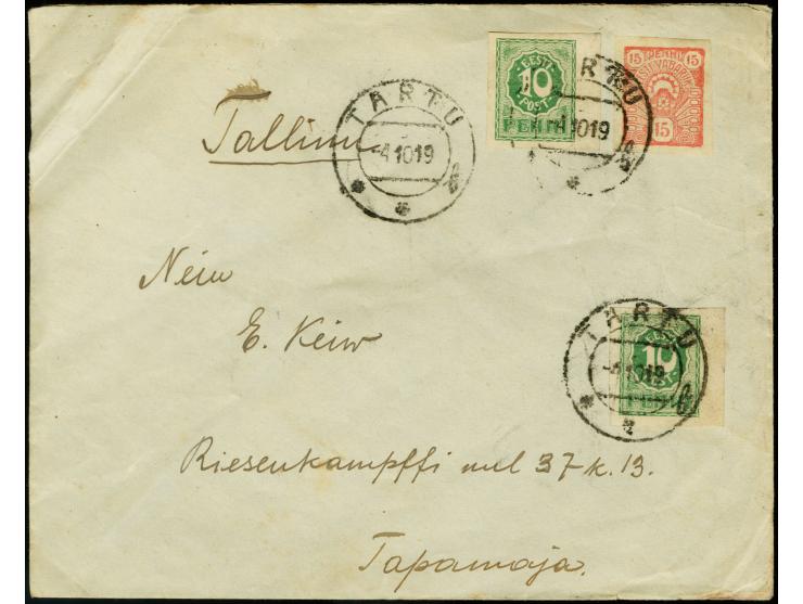 1919, Numerals 10p. green imperforated with additional franking tied by cds. "TARTU -4 10 19" on cover to Tallinn, slight cre