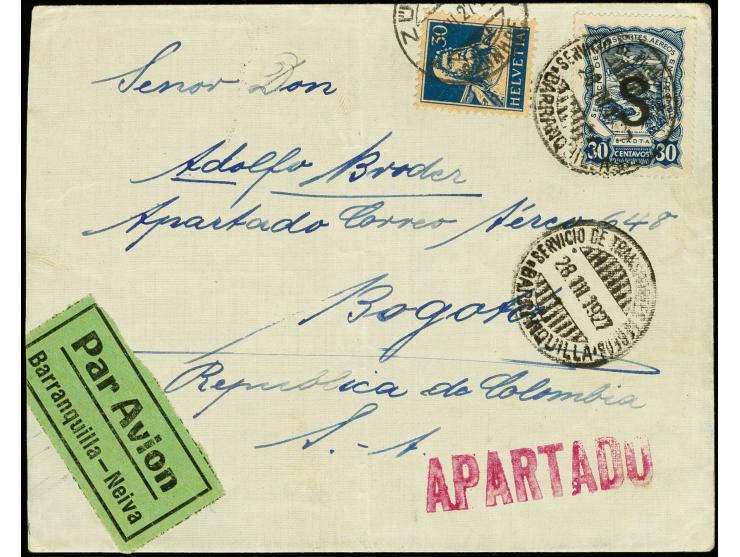 Black machine overprints on 1923 issue: Switzerland, 30c. blue in combination with Switzerland 30rp. blue, tied by cds. "SERV