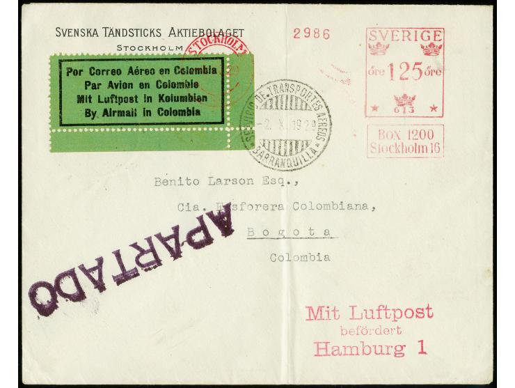 1929, red meter mark "125 öre" on cover to Bogota with red three-line "Mit Luftpost befördert Hamburg 1" alongside, Agency ca
